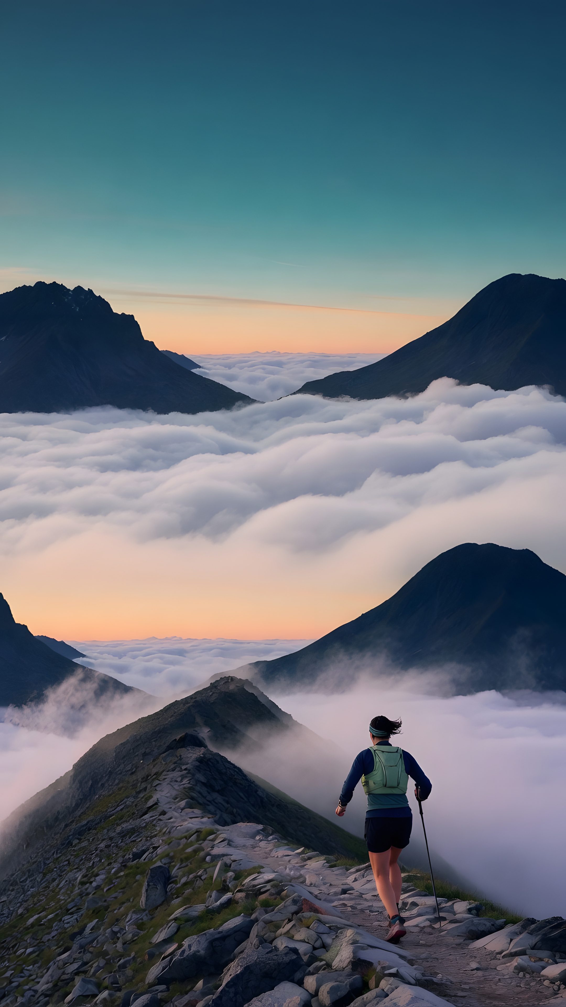 Corredora de trail sobre una cresta alpina al amanecer, sobre un mar de nubes.