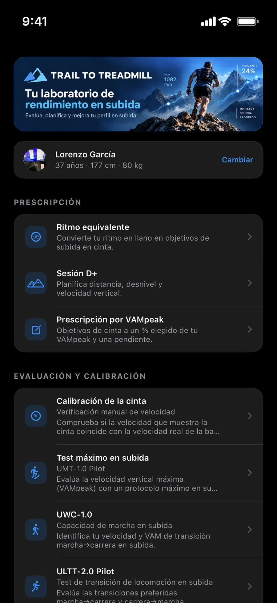 Pantalla de inicio de la app Trail to Treadmill con las herramientas de prescripción en cinta (ritmo equivalente, sesión D+ y prescripción por VAMpeak) y los tests de evaluación en subida.