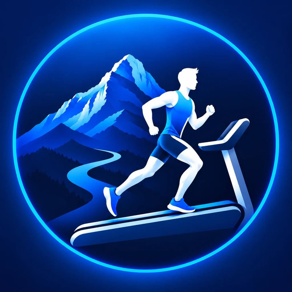 Icono de la app Trail to Treadmill: corredor en una cinta inclinada frente a una montaña.
