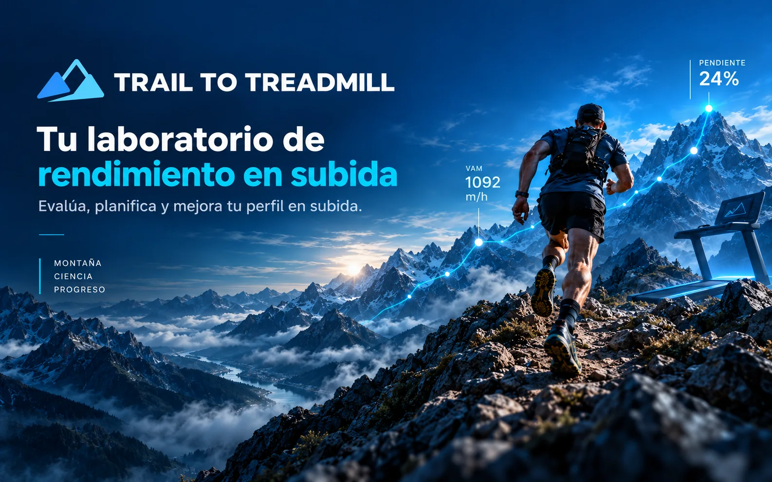 Corredor de trail subiendo una cresta de montaña hacia una cinta de correr, con datos de VAM 1092 m/h y pendiente del 24 %: Trail to Treadmill, tu laboratorio de rendimiento en subida.