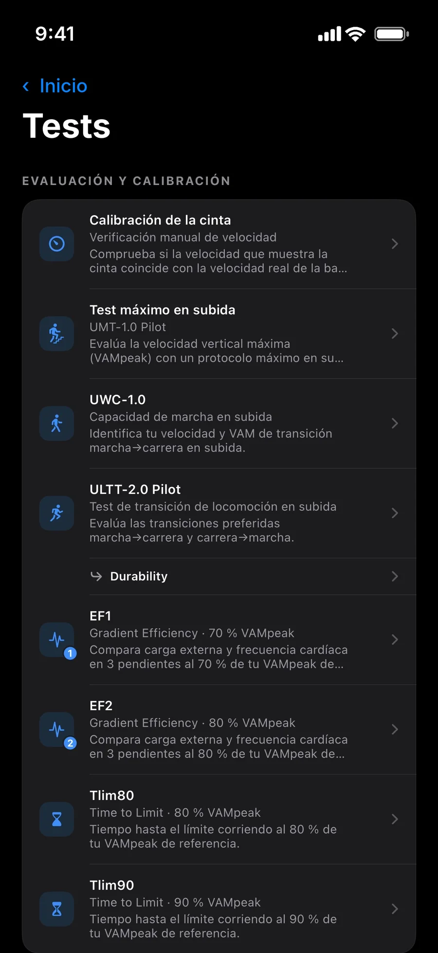 Lista de tests uphill de Trail to Treadmill en cinta: calibración, test máximo UMT (VAMpeak), UWC de marcha, ULTT de transición, durabilidad, eficiencia EF1 y EF2, y tiempo al límite Tlim80 y Tlim90.